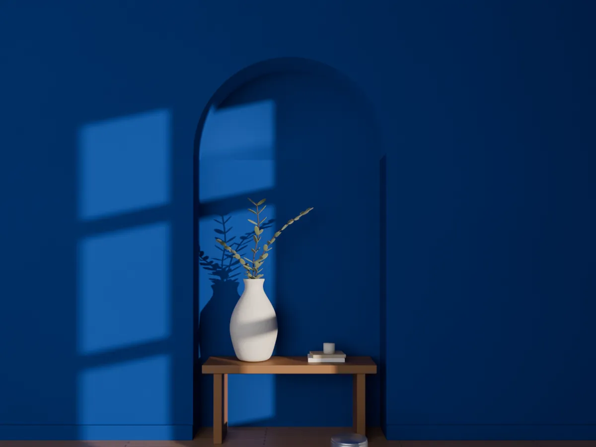 Kordon Mavisi rengine boyanmış kemerli niş, meşe bank ve zeytin dalı olan oda